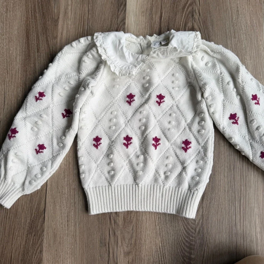 Janie and Jack Girls Cream Floral Popcorn Knit Sweater‎ Peter Pan Collar Size 4